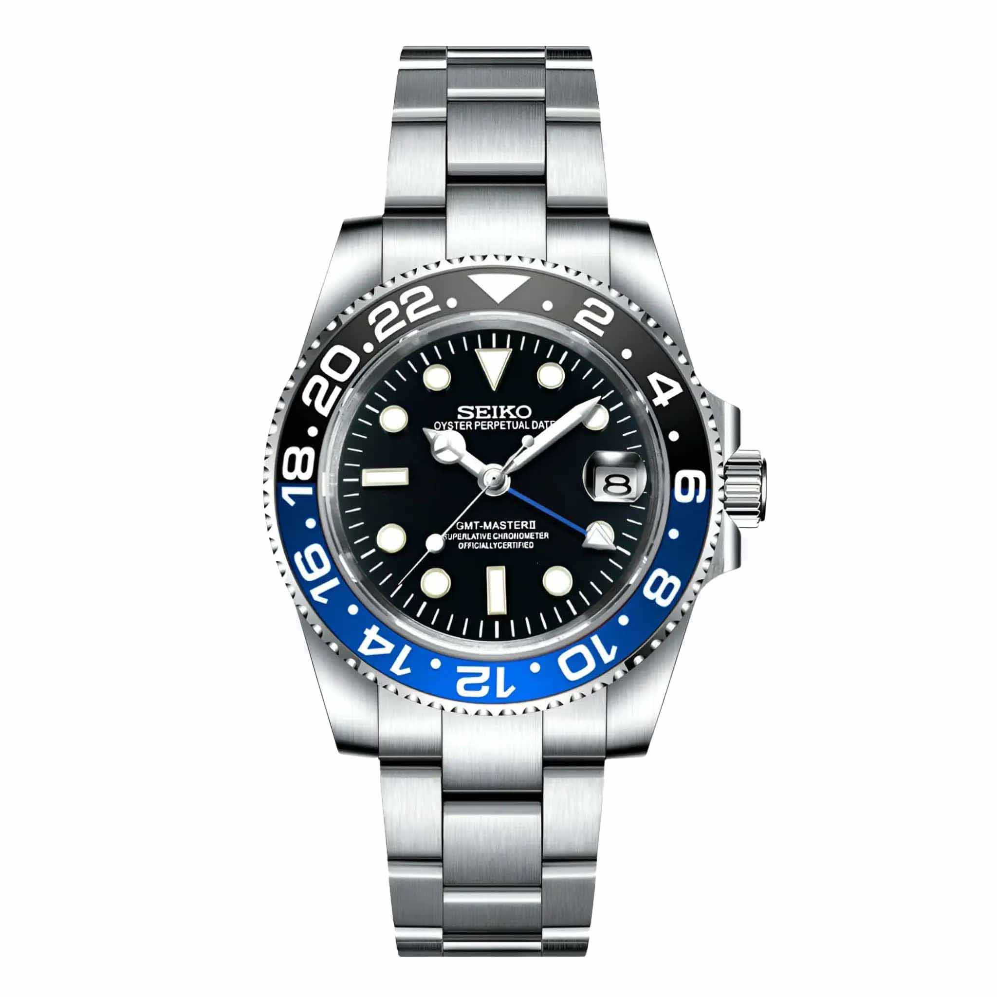 Montre mod style GMT Master II lunette Batman bleu-noir — collection GMT Velar Mods
