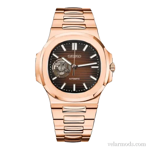 Nautilus Rose Gold Chocolate Brown Open Heart — montre mod Velar Mods