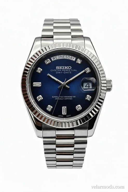 Daydate Midnight Blue Baguette Diamonds — montre mod Velar Mods