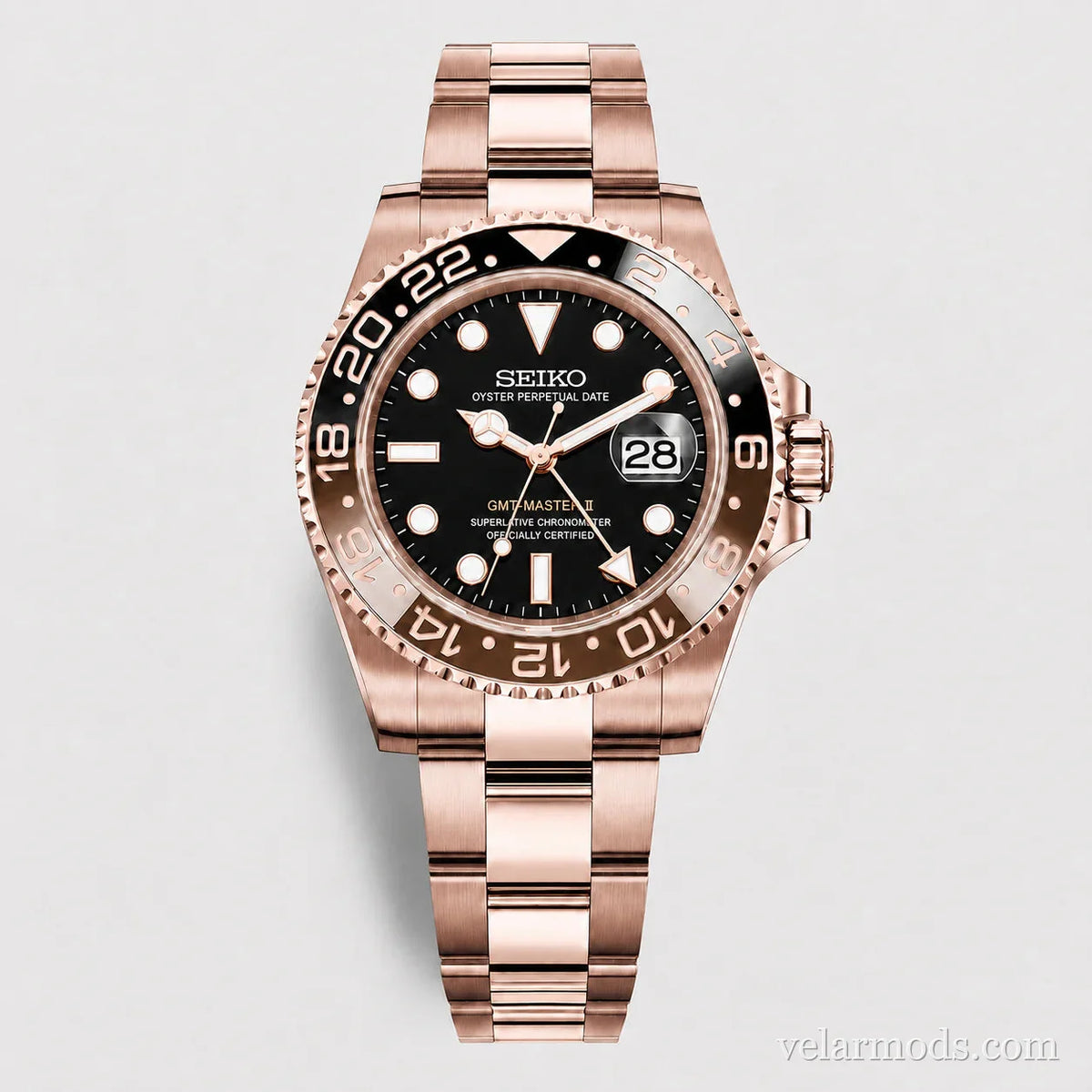 GMT Master II Rootbeer Full Rose Gold — montre mod Velar Mods